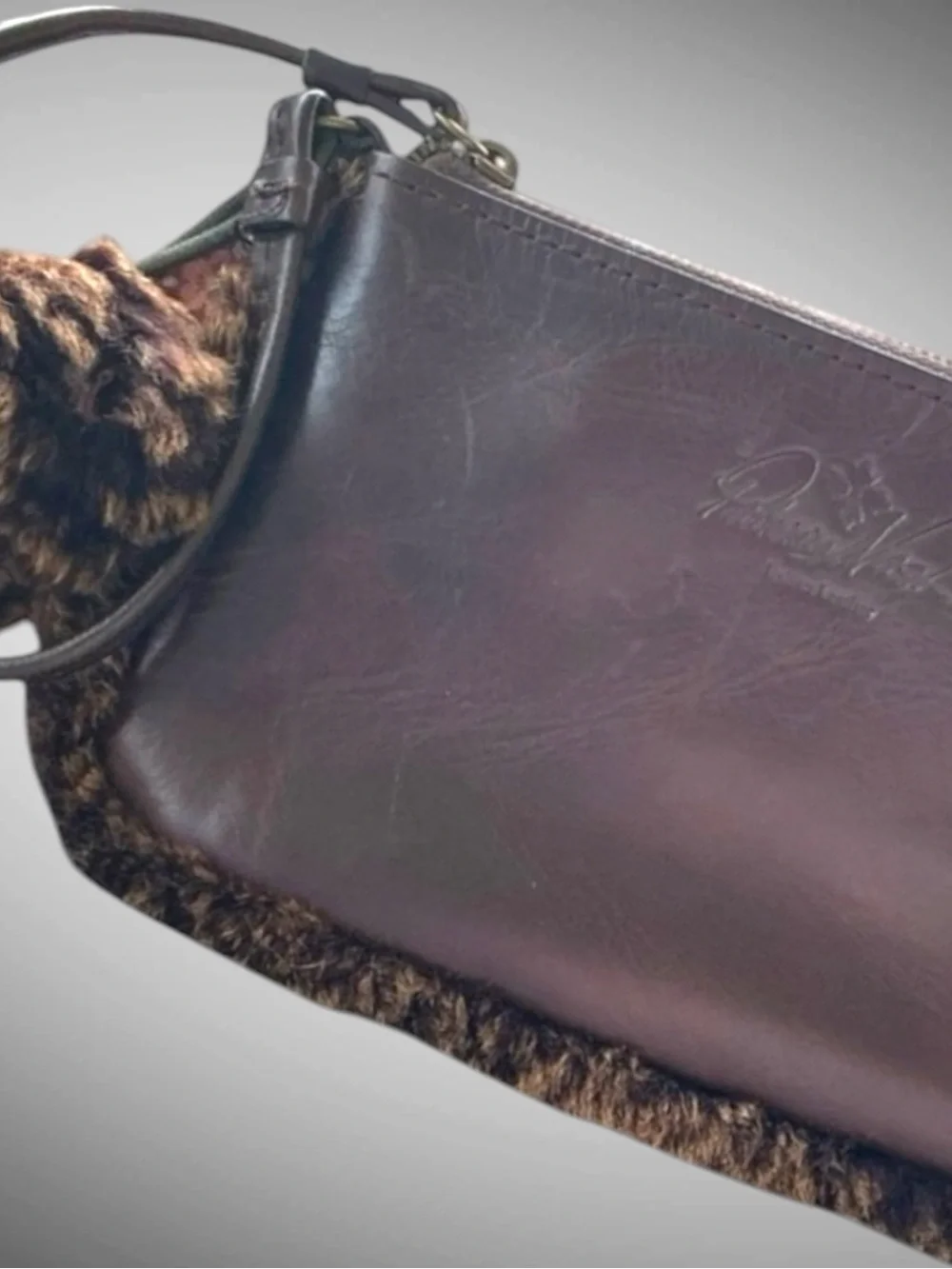 Patricia Nash Brown Leather Faux Fur Trim Wristlet Clutch Zip Pouch